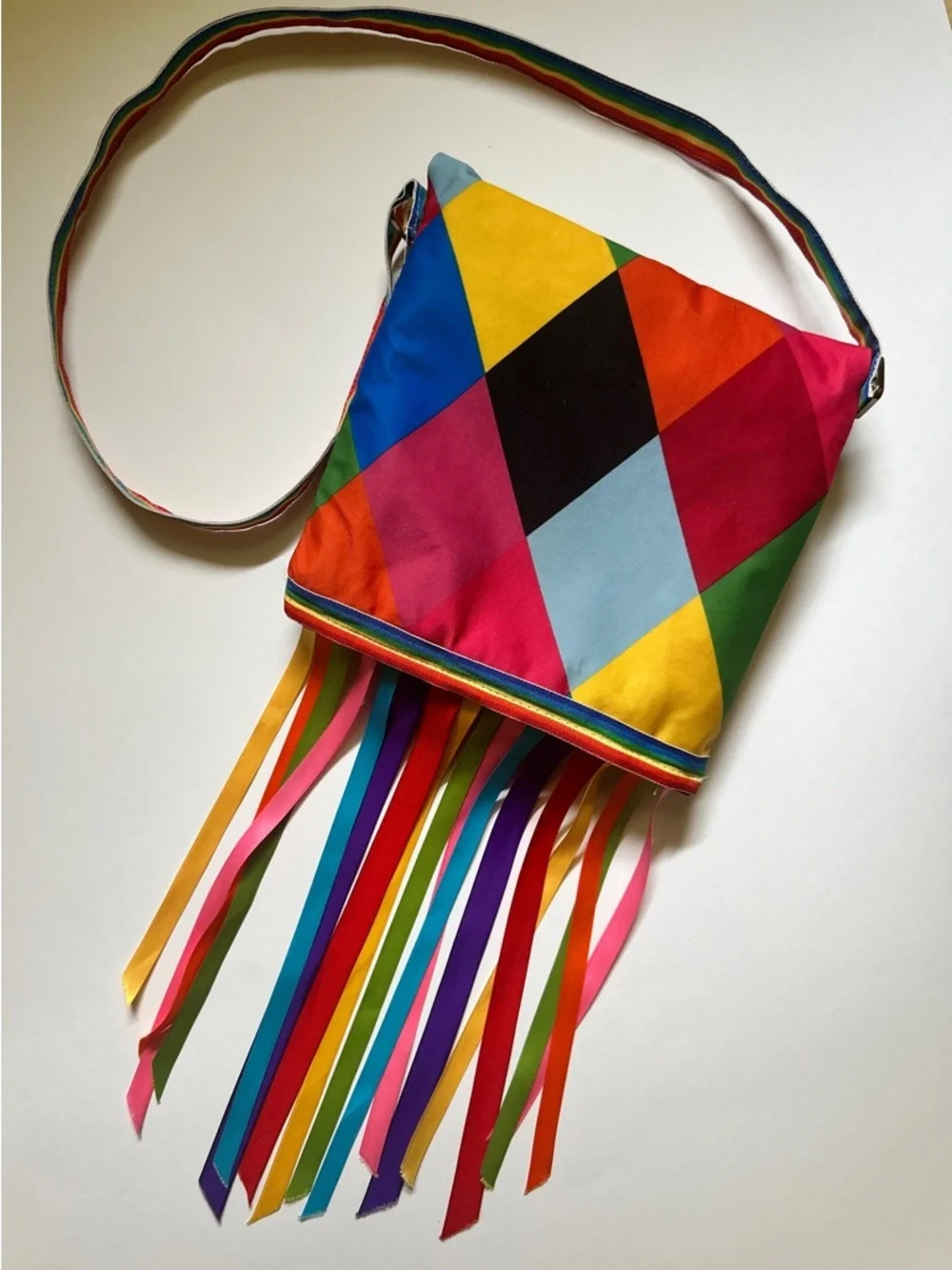 Handmade Rainbow Patchwork Crossbody Bag | Boho Pom Pom Fringe Festival Purse